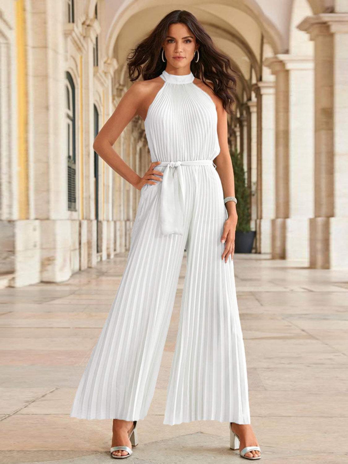 Cutout Tied Pleated Sleeveless Jumpsuit - Trendsi - Flyclothing LLC