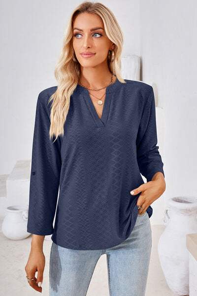 Notched Roll-Tab Sleeve T-Shirt - Trendsi - Flyclothing LLC