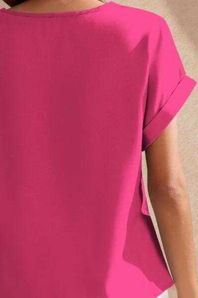 Round Neck Short Sleeve Blouse - Trendsi - Flyclothing LLC
