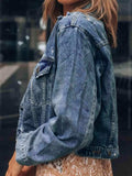 Button Up Collared Neck Distressed Denim Jacket - Trendsi - Flyclothing LLC