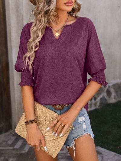 Heathered Notched Lantern Sleeve Blouse - Trendsi - Flyclothing LLC