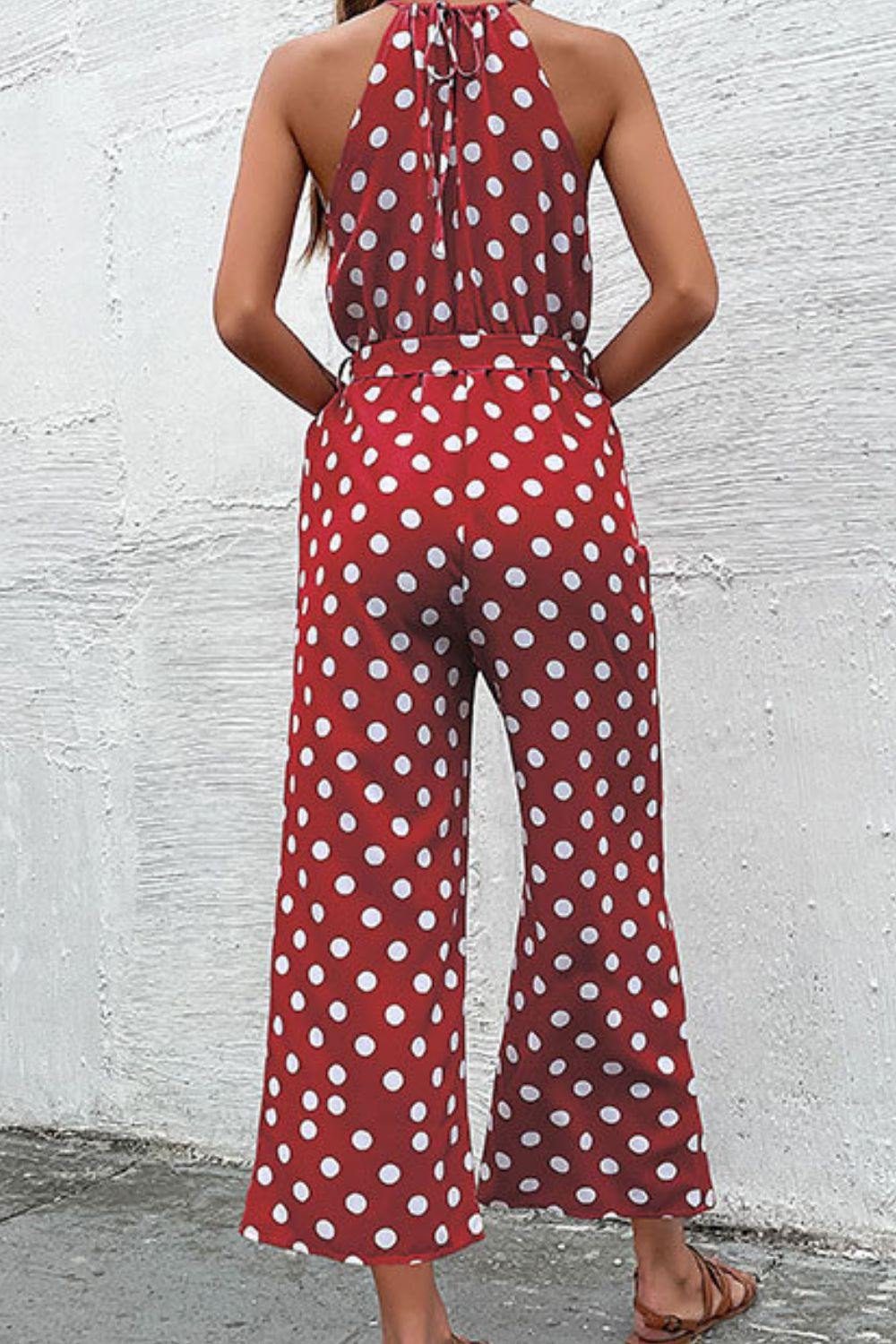 Polka Dot Grecian Wide Leg Jumpsuit - Trendsi