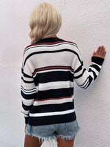 Striped Drop Shoulder Round Neck Pullover Sweater - Trendsi - Flyclothing LLC