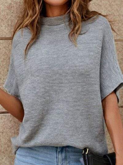 Mock Neck Short Sleeve Sweater - Trendsi - Flyclothing LLC