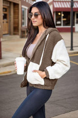 Fuzzy Zip Up Drawstring Hooded Jacket - Trendsi