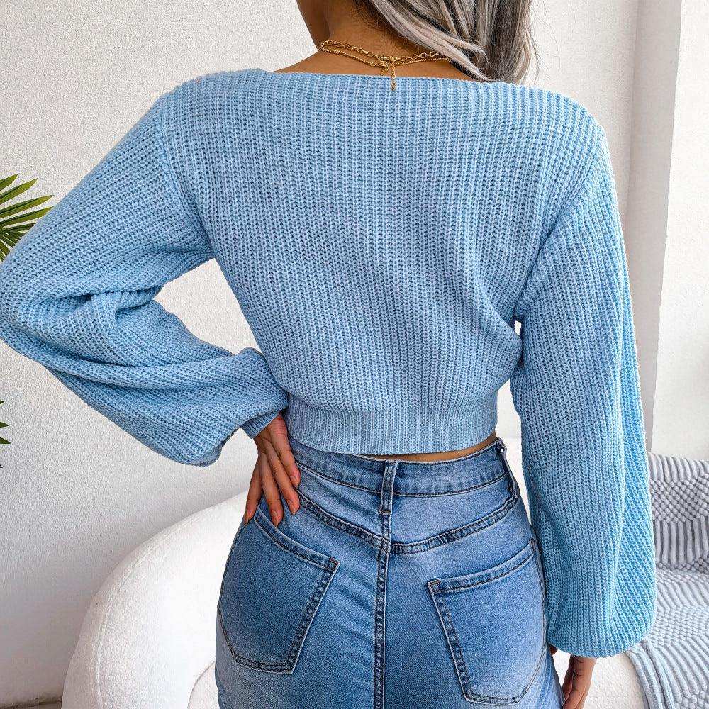 Tie-Front Rib-Knit Cropped Sweater - Trendsi - Flyclothing LLC