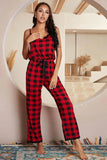 Plaid Lace Trim Spaghetti Strap Jumpsuit - Trendsi