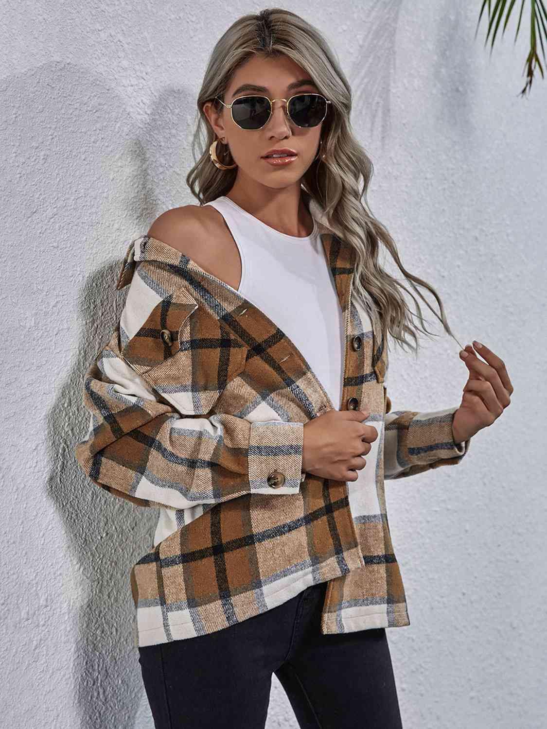Plaid Button Down Collared Jacket - Trendsi