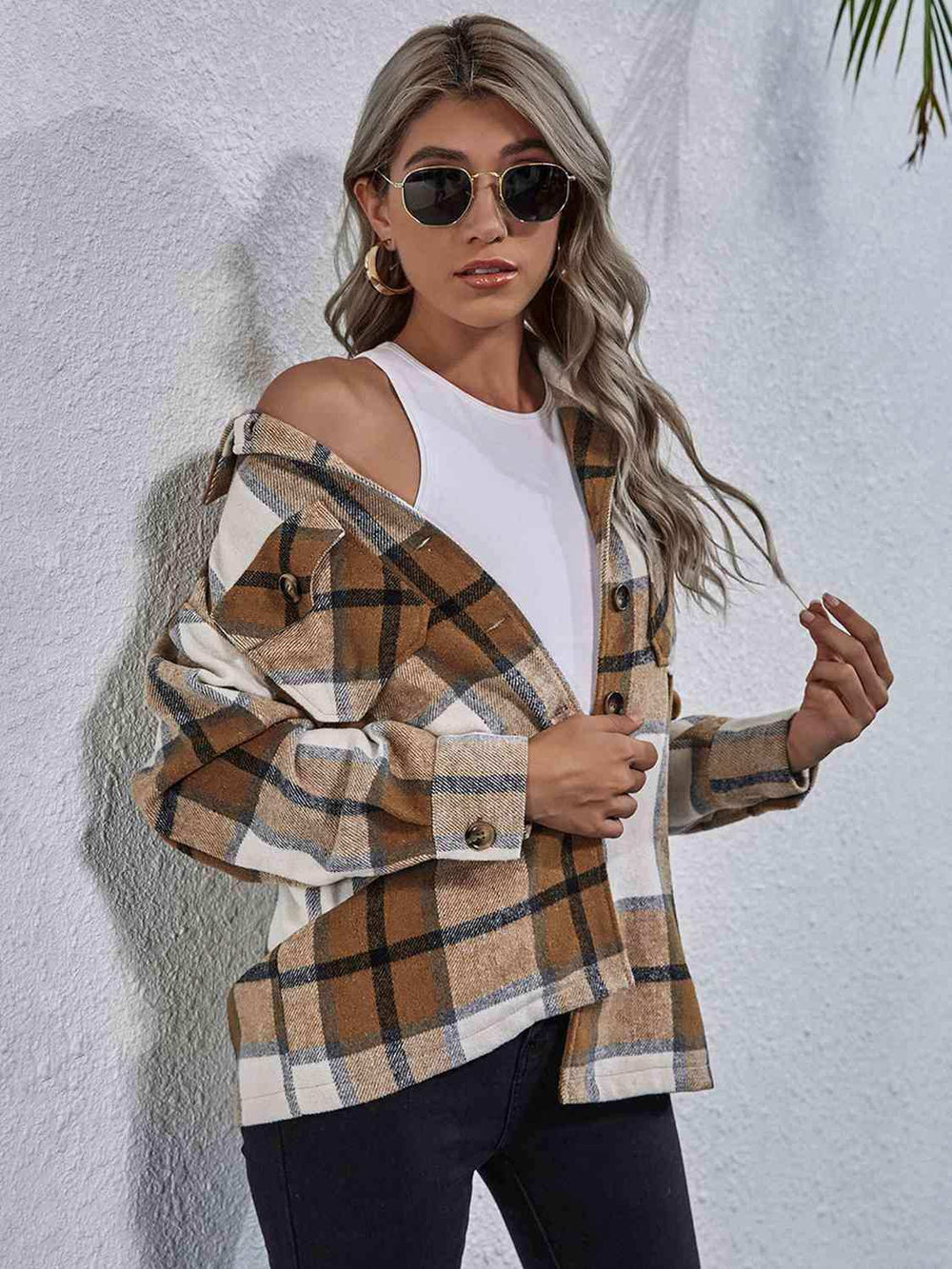 Plaid Button Down Collared Jacket - Trendsi - Flyclothing LLC