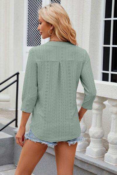 Eyelet Notched Knit Jacquard Top - Trendsi - Flyclothing LLC