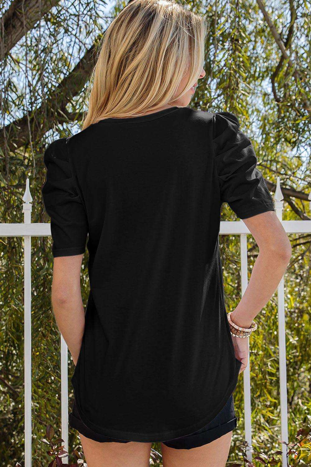Puff Sleeve V-Neck Tee - Trendsi - Flyclothing LLC