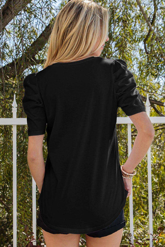 Puff Sleeve V-Neck Tee - Trendsi - Flyclothing LLC