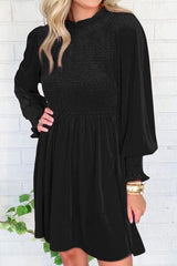 Smocked Round Neck Long Sleeve Dress - Trendsi
