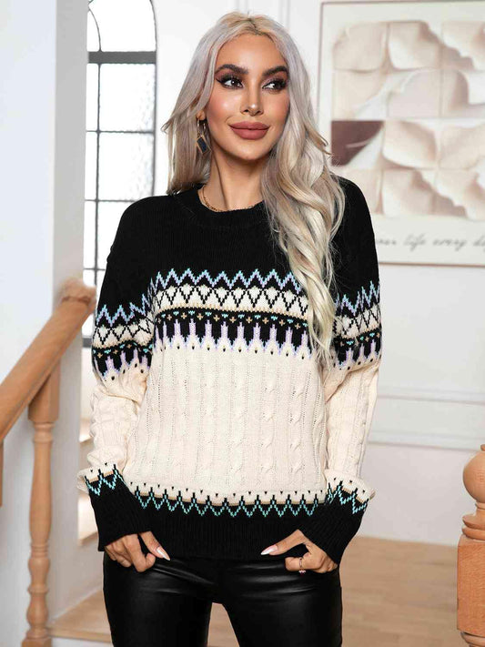Round Neck Cable-Knit Sweater - Trendsi