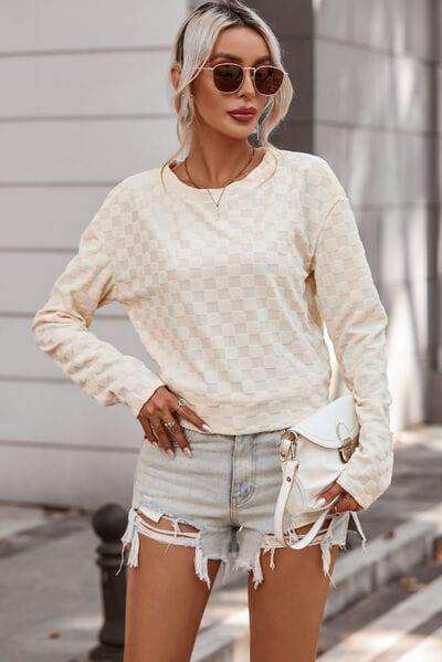 Checkered Round Neck Long Sleeve T-Shirt - Trendsi - Flyclothing LLC