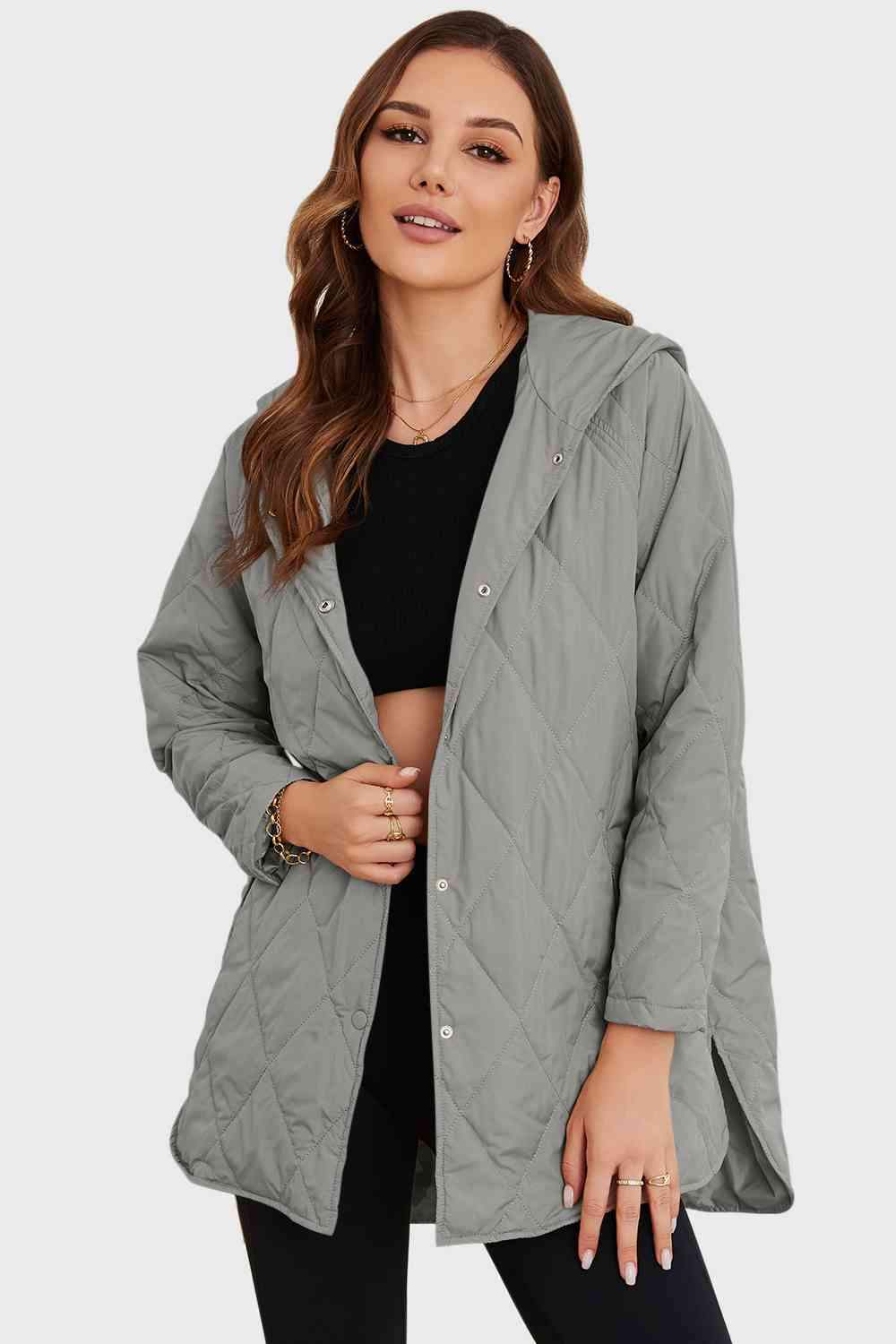 Snap Down Hooded Slit Winter Coat - Trendsi - Flyclothing LLC