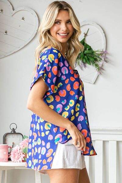 First Love Printed V-Neck Short Sleeve Blouse - Trendsi - Flyclothing LLC