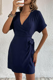 Tied Cuffed Sleeve Surplice Dress - Flyclothing LLC