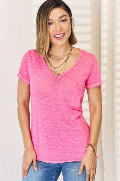 Zenana V-Neck Short Sleeve Slit T-Shirt - Trendsi - Flyclothing LLC
