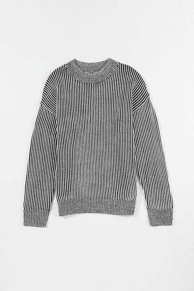 Striped Mock Neck Dropped Shoulder Sweater - Trendsi - Flyclothing LLC