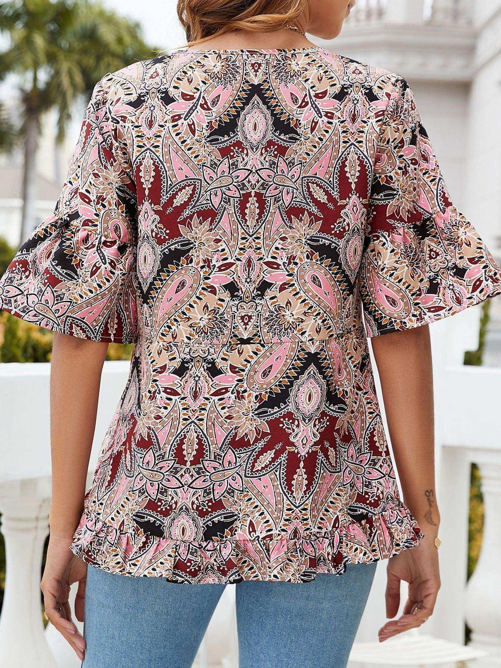 Printed Flounce Sleeve Ruffle Hem Blouse - Trendsi - Flyclothing LLC