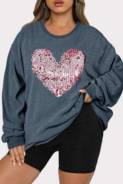 Plus Size Heart Sequin Round Neck Sweatshirt - Trendsi - Flyclothing LLC