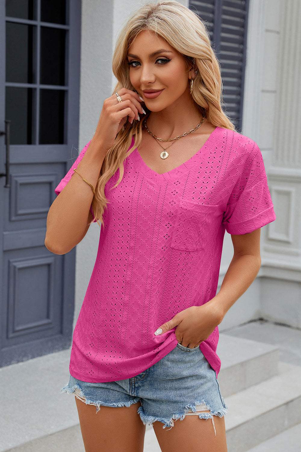 Eyelet V-Neck Short Sleeve T-Shirt - Trendsi - Flyclothing LLC