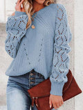 Openwork Round Neck Lantern Sleeve Sweater - Trendsi