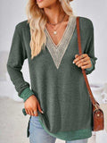 Crochet Contrast V-Neck Long Sleeve Slit T-Shirt - Trendsi - Flyclothing LLC