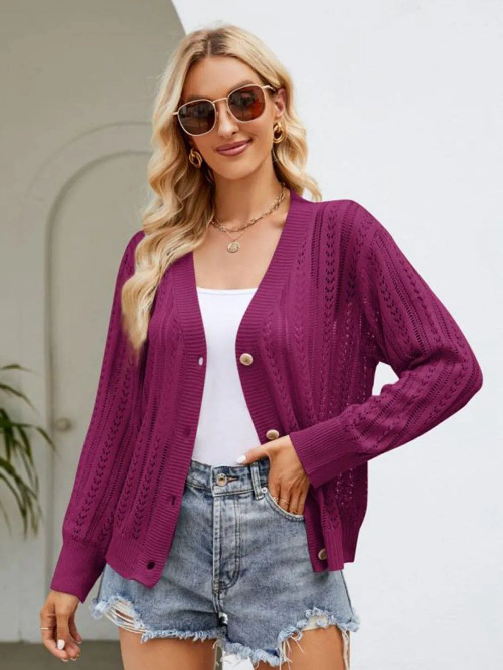 Button Down Ribbed Trim Cardigan - Trendsi