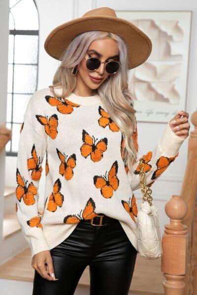 Butterfly Round Neck Long Sleeve Sweater - Trendsi