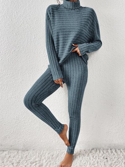 Ribbed Turtleneck Top and Pants Set - Trendsi
