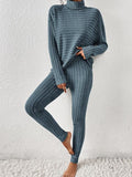 Ribbed Turtleneck Top and Pants Set - Trendsi