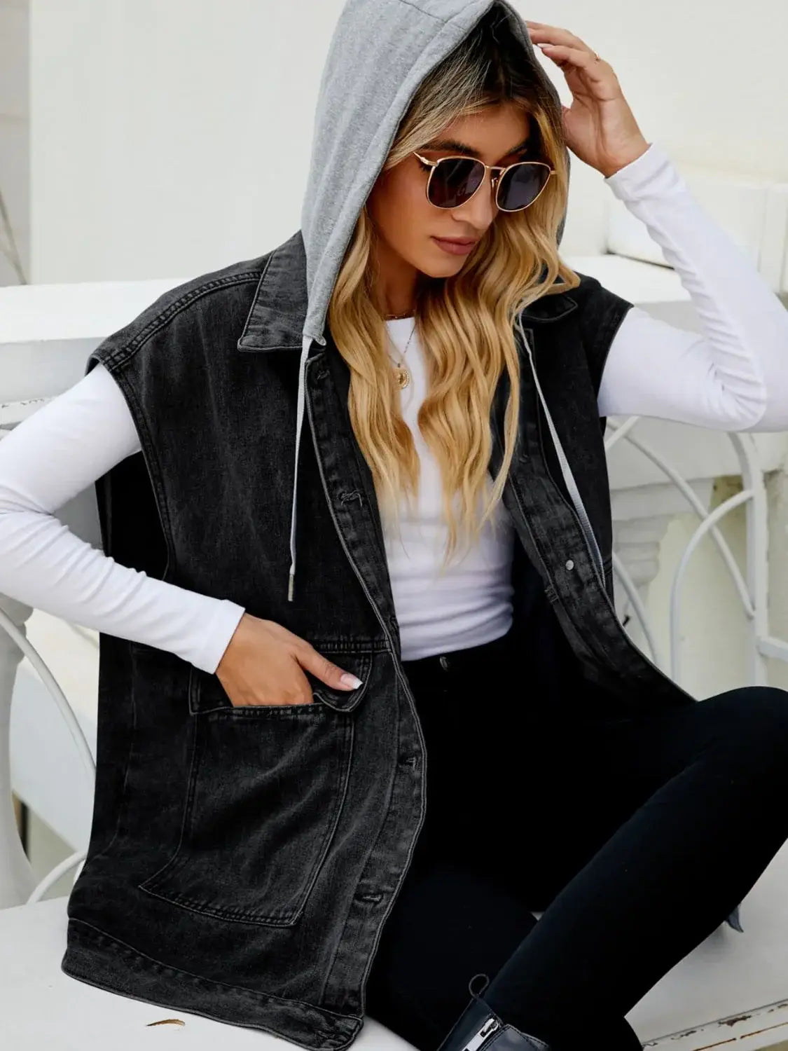 Hooded Sleeveless Denim Top with Pockets - Trendsi - Flyclothing LLC