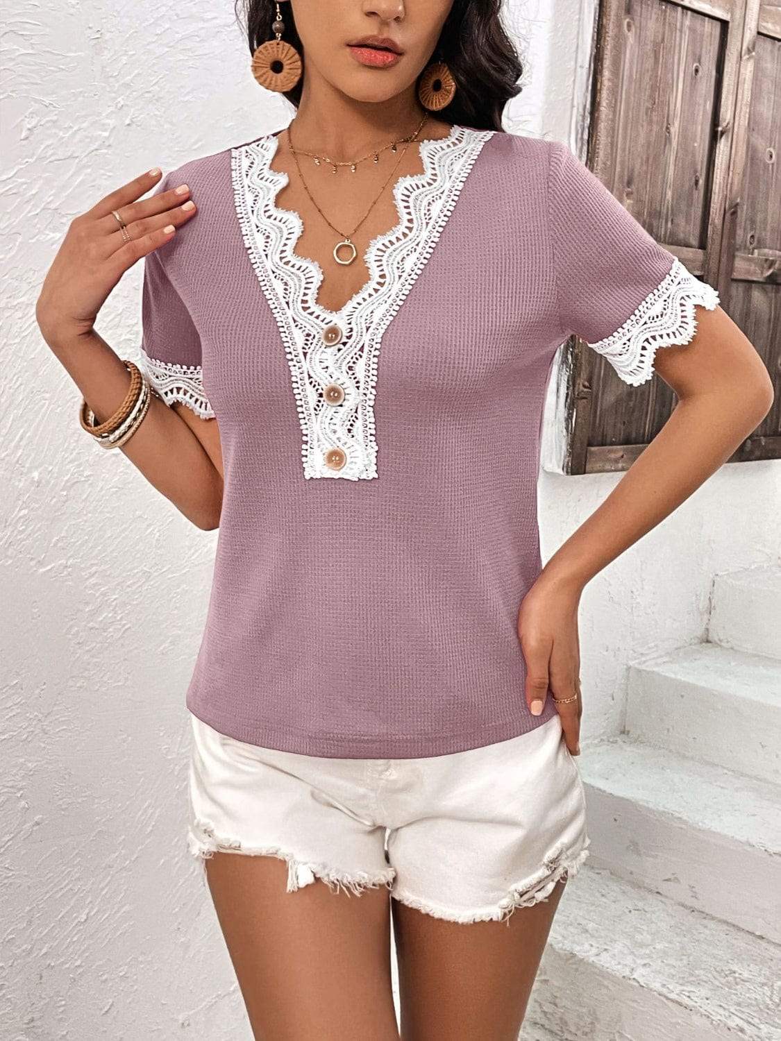 Lace Detail V-Neck Short Sleeve T-Shirt - Trendsi - Flyclothing LLC
