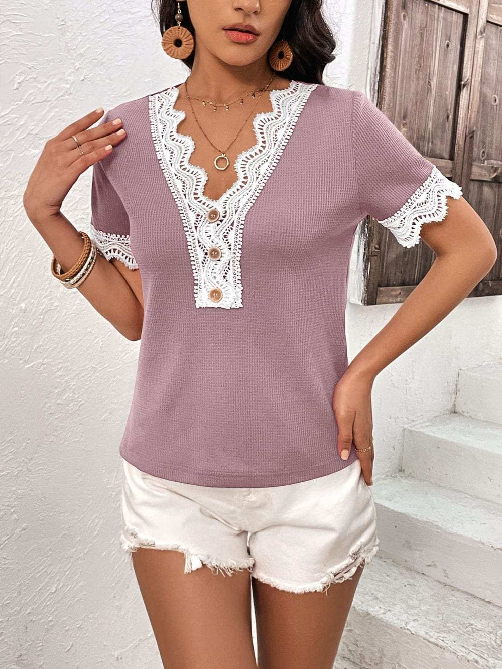 Lace Detail V-Neck Short Sleeve T-Shirt - Trendsi - Flyclothing LLC