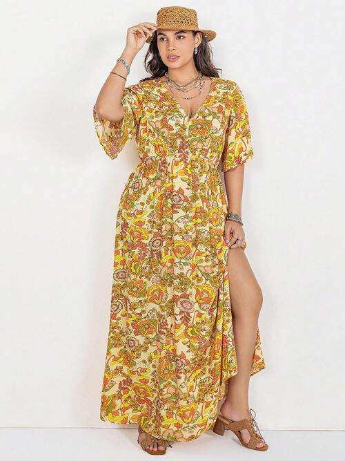 Floral V-Neck Short Sleeve Slit Dress - Trendsi - Flyclothing LLC