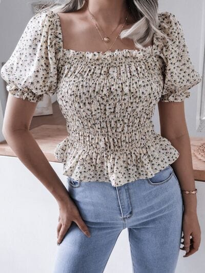 Frill Smocked Square Neck Short Sleeve Blouse - Trendsi