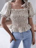 Frill Smocked Square Neck Short Sleeve Blouse - Trendsi - Flyclothing LLC