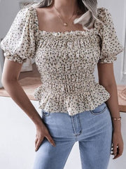 Frill Smocked Square Neck Short Sleeve Blouse - Trendsi