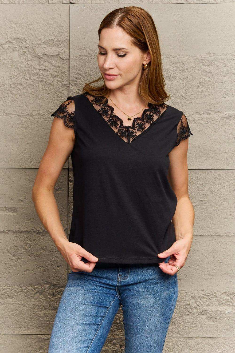 Lace Trim Cap Sleeve Blouse - Trendsi - Flyclothing LLC