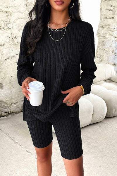 Ribbed Round Neck Dropped Shoulder Top and Shorts Set - Trendsi - Flyclothing LLC