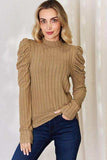 Basic Bae Full Size Ribbed Mock Neck Puff Sleeve T-Shirt - Trendsi - Flyclothing LLC