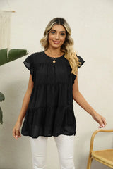 Swiss Dot Round Neck Tiered Blouse - Trendsi - Flyclothing LLC