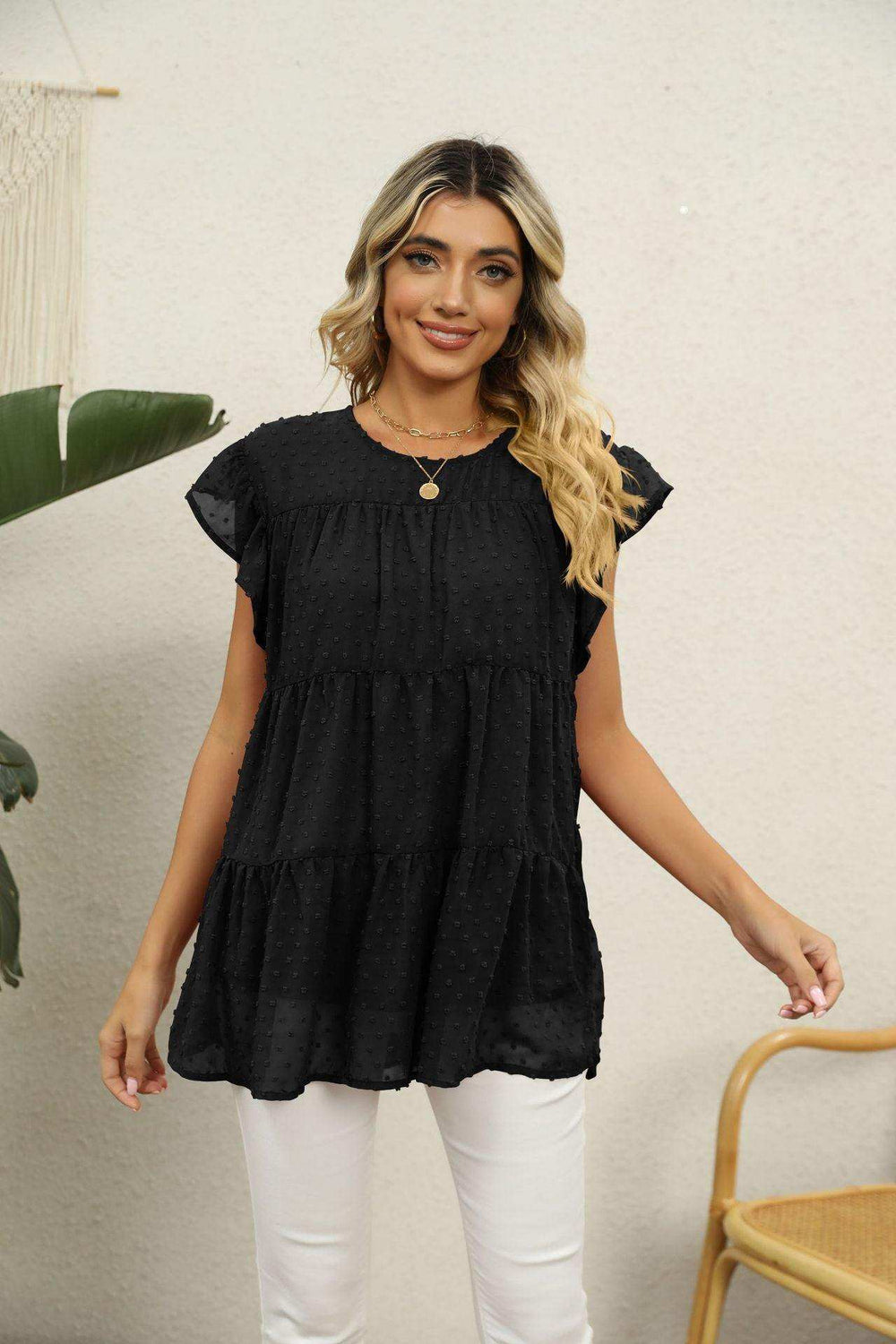 Swiss Dot Round Neck Tiered Blouse - Trendsi - Flyclothing LLC