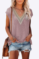 Eyelet Contrast V-Neck Tee - Trendsi - Flyclothing LLC