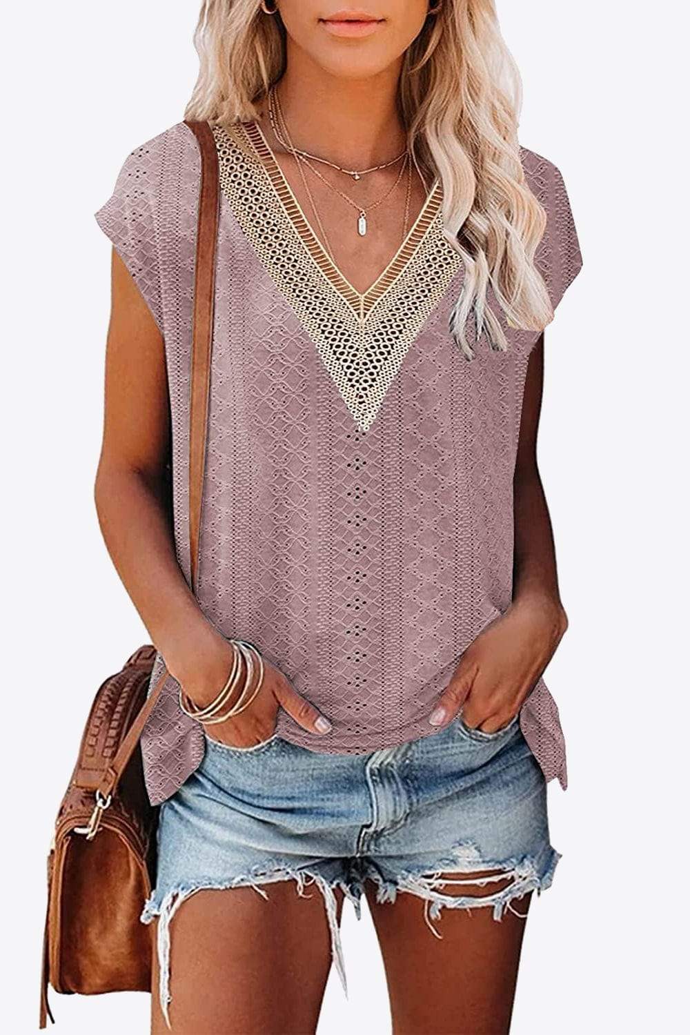 Eyelet Contrast V-Neck Tee - Trendsi - Flyclothing LLC
