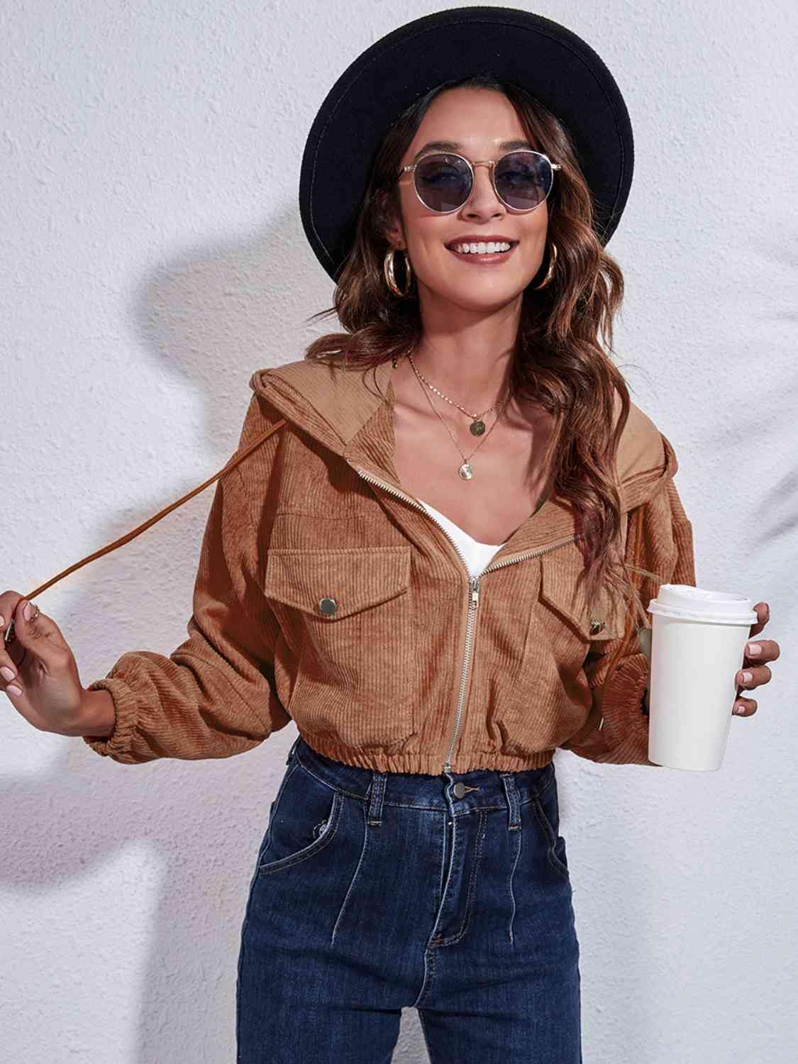 Drawstring Hooded Zip Up Jacket with Pockets - Trendsi