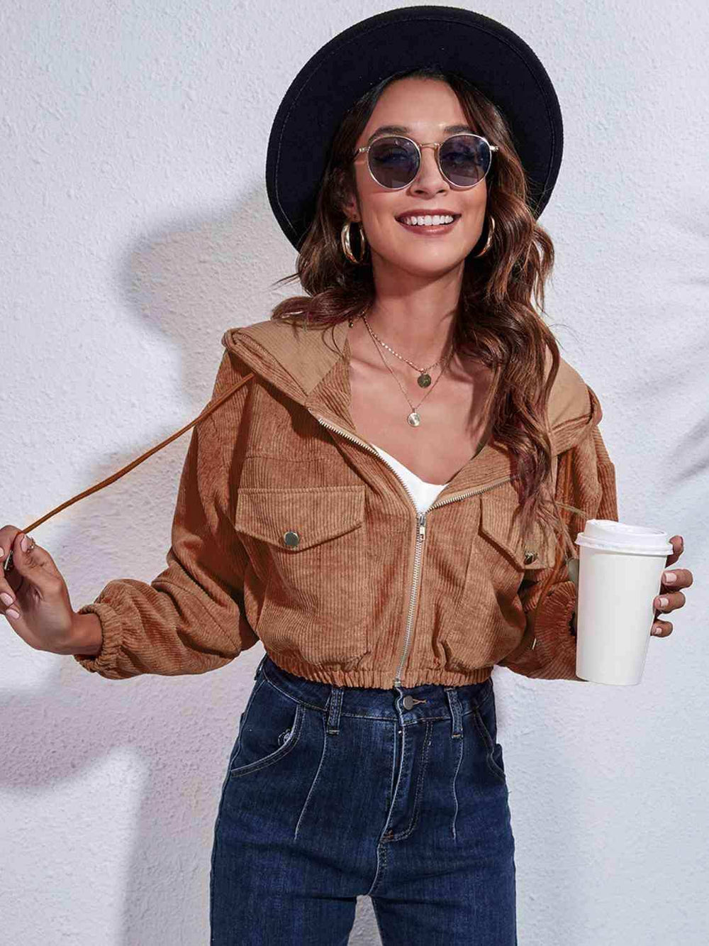 Drawstring Hooded Zip Up Jacket with Pockets - Trendsi - Flyclothing LLC