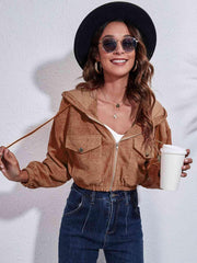 Drawstring Hooded Zip Up Jacket with Pockets - Trendsi